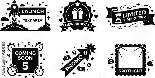 Black and white vector promo icons with launch gift spotlight and limited time offer