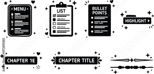 Black and white vector icons menu list bullet points chapter title highlight decorative accents