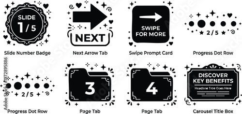 Black and white slide number badge next arrow swipe prompt page tab and carousel title box vector icons
