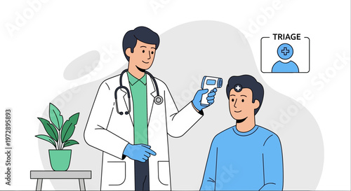 Doctor measures patient's temperature with infrared thermometer, triage concept