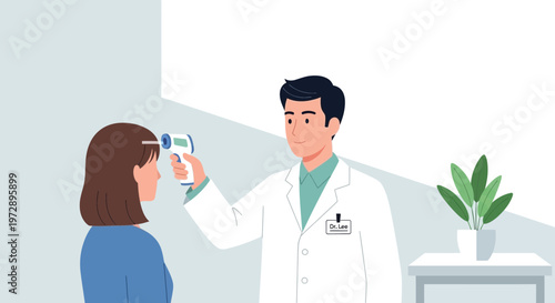 Doctor measures patient's temperature with infrared thermometer for health check