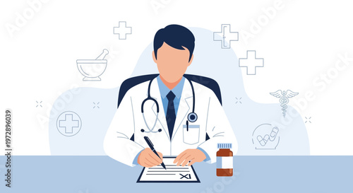 Doctor writing prescription at desk with medical symbols and pills