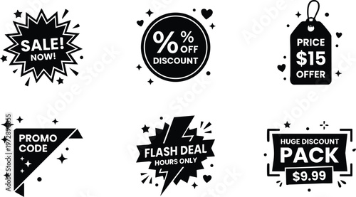 Black and white sale now starburst badge and discount promo code icons