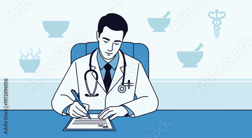 Doctor writing prescription in clinic with medical symbols in background