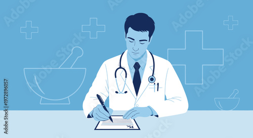 Doctor writing prescription, medical symbols, healthcare concept
