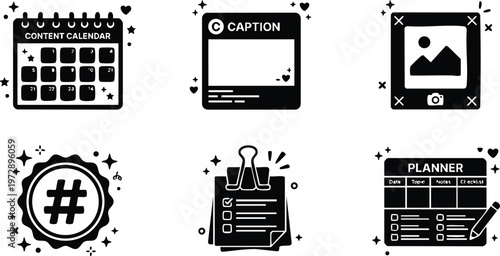 Black and white content calendar caption hashtag checklist and planner icons