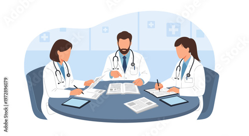 Doctors Meeting Discussing Medical Records and Patient Health at Conference Table