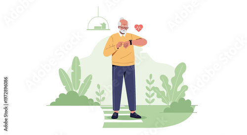 Elderly man checking heart rate on smartwatch during outdoor activity