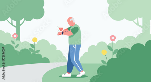 Elderly man checks heart rate on smartwatch while walking in a park, healthy lifestyle
