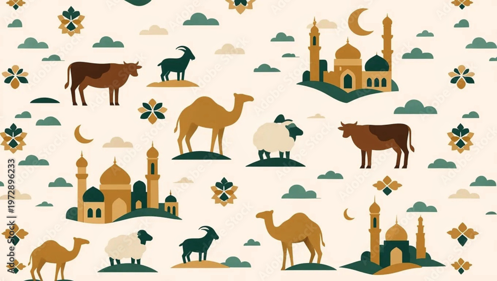 Obraz premium brown cows, green sheep and goats, a camel, mosque silhouettes, golden floral ornaments, crescent moons, stars and clouds.