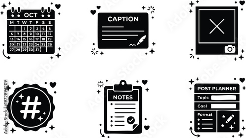 Black and white social media planning icons including calendar hashtag notes and post planner