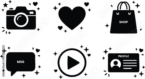 Black and white social media icons with hearts and stars