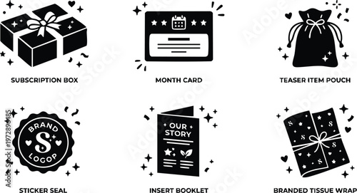 Black and white subscription box month card teaser pouch sticker seal booklet tissue wrap vector art