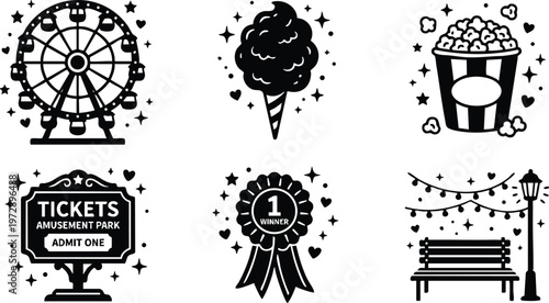 Black and white amusement park icons with ferris wheel cotton candy popcorn bench and tickets