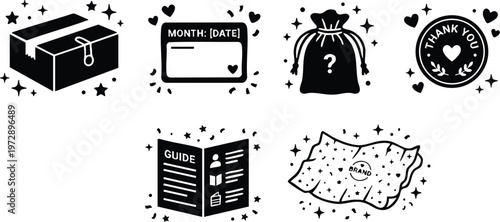 Black and white line art shipping package label guide and thank you icons