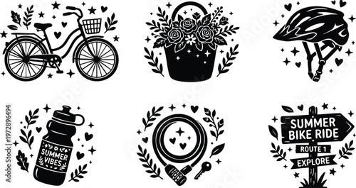 Black and white summer bike ride with bicycle helmet water bottle flowers and lock vector art