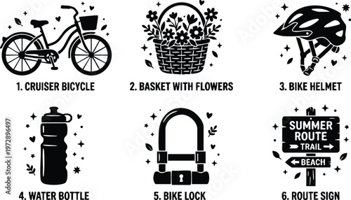 Black and white cruiser bicycle with flower basket bike helmet water bottle bike lock and summer route sign vector art