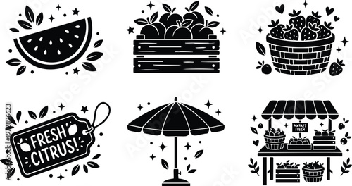 Black and white fresh fruit market stand with citrus tag and umbrella vector art