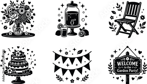 Black and white garden party welcome sign bouquet cake lemonade chair and bunting vector art