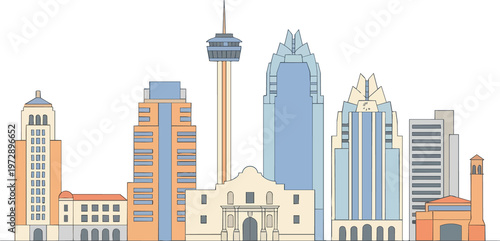 City skyline with modern buildings.