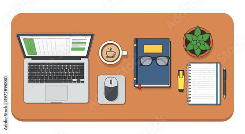 Laptop computer on a desk top.