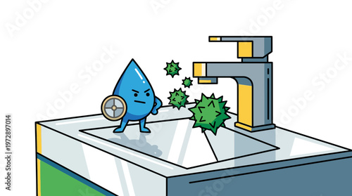 Cartoon Water Drop Shielding Against Bacteria on Bathroom Sink