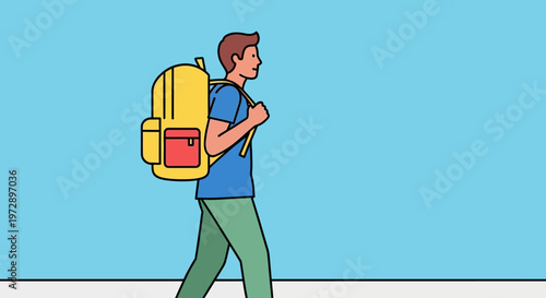 Man walking with yellow backpack.