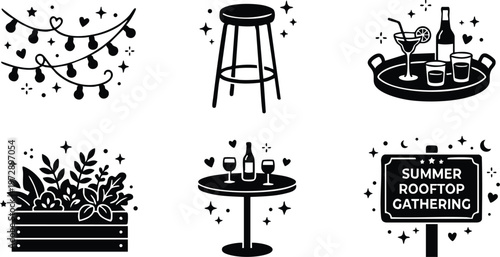 Black and white summer rooftop gathering lettering with cocktail tray bar stool and garden box