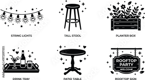 Black and white rooftop party icons with string lights tall stool planter box and drink tray