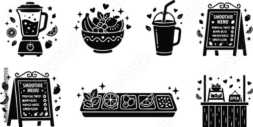 Black and white icons of smoothie blender bowl drink menu and stand vector art