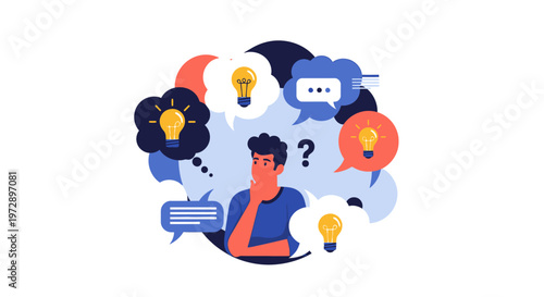 Man with ideas and lightbulbs thinking.