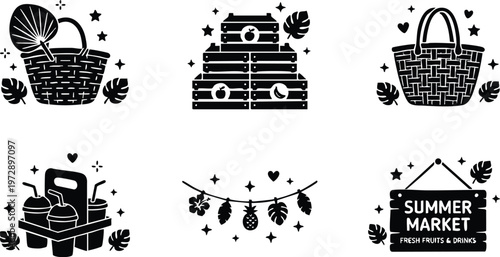 Black and white summer market fruit crates and picnic basket icons
