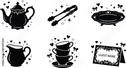 Black and white tea set with hearts and bows decorative flat design