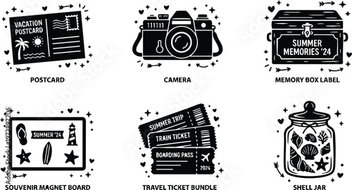 Black and white travel icons vacation postcard camera summer memories shell jar