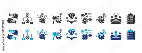 soft skills icon set collection. icon set consist of communication, problem solving, critical thinking, analytical thinking, decision making, time management, leadership, teamwork, and evaluation.