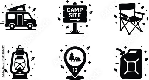 Black camping icons including camper van lantern camp site and fuel can
