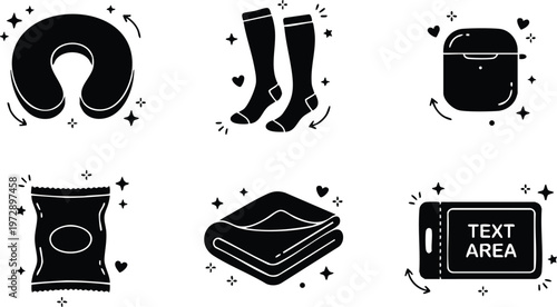 Black and white travel comfort essentials icons with neck pillow socks tablet and snacks