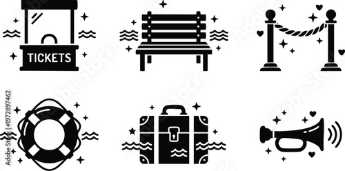 Black tickets booth bench rope barrier lifebuoy suitcase and megaphone icons vector art