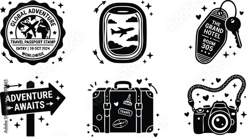 Black and white travel suitcase passport stamp camera and hotel key vector art