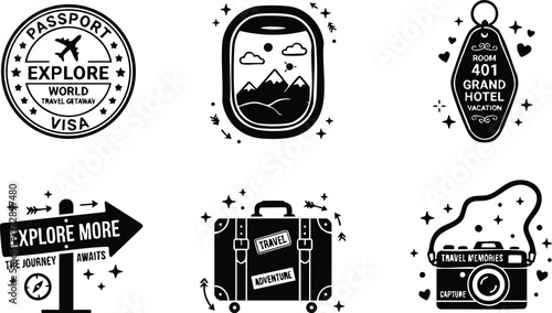 Black and white travel icons passport explore plane window mountain hotel key luggage camera vector art