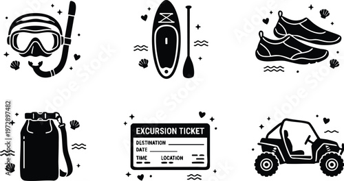 Black and white excursion ticket and outdoor adventure equipment vector art