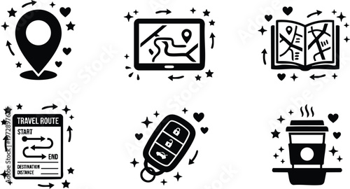 Black location pin gps route car key and coffee cup icons set