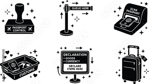 Black and white passport control customs luggage queue line and declaration icons vector art