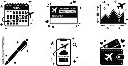Black and white travel booking icons with calendar plane credit card and phone