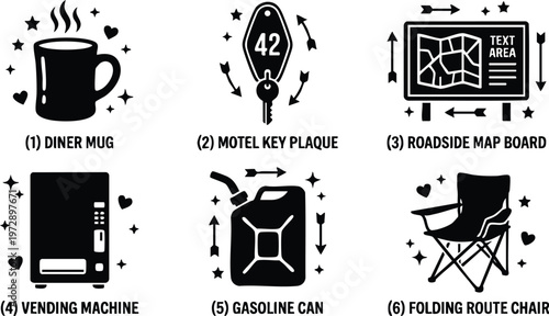 Black diner mug motel key plaque roadside map board vending machine gasoline can folding route chair vector art
