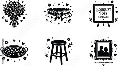 Black and white wedding bouquet garter toss sign floral illustration set
