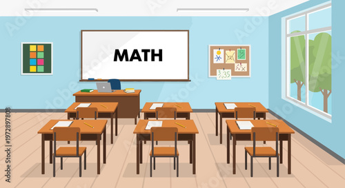 School desks in a classroom setting.