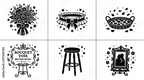 Black and white bouquet toss sign floral frame and wedding garter vector art