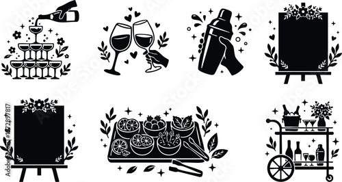 Black and white flat design cocktail party icons with drinks and snacks