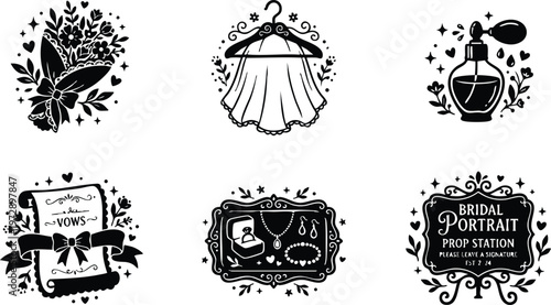 Black and white bridal icons including bouquet veil perfume vows jewelry and portrait sign